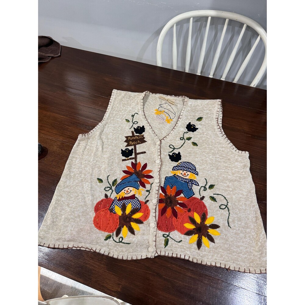 Vintage Bobbie Brooks 26W/28W Fall Pumpkin Patch Scarecrow Sweater Vest 90s/2000